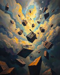 Explore a breathtaking realm where classic oil painting meets surrealism. Witness an iridescent storm filled with flying obje