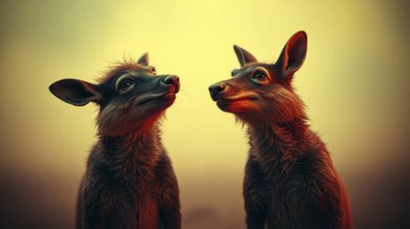 Discover a whimsical surreal image featuring two mischievous talking animals.  Rendered in soft focus with a hazy infrared ba