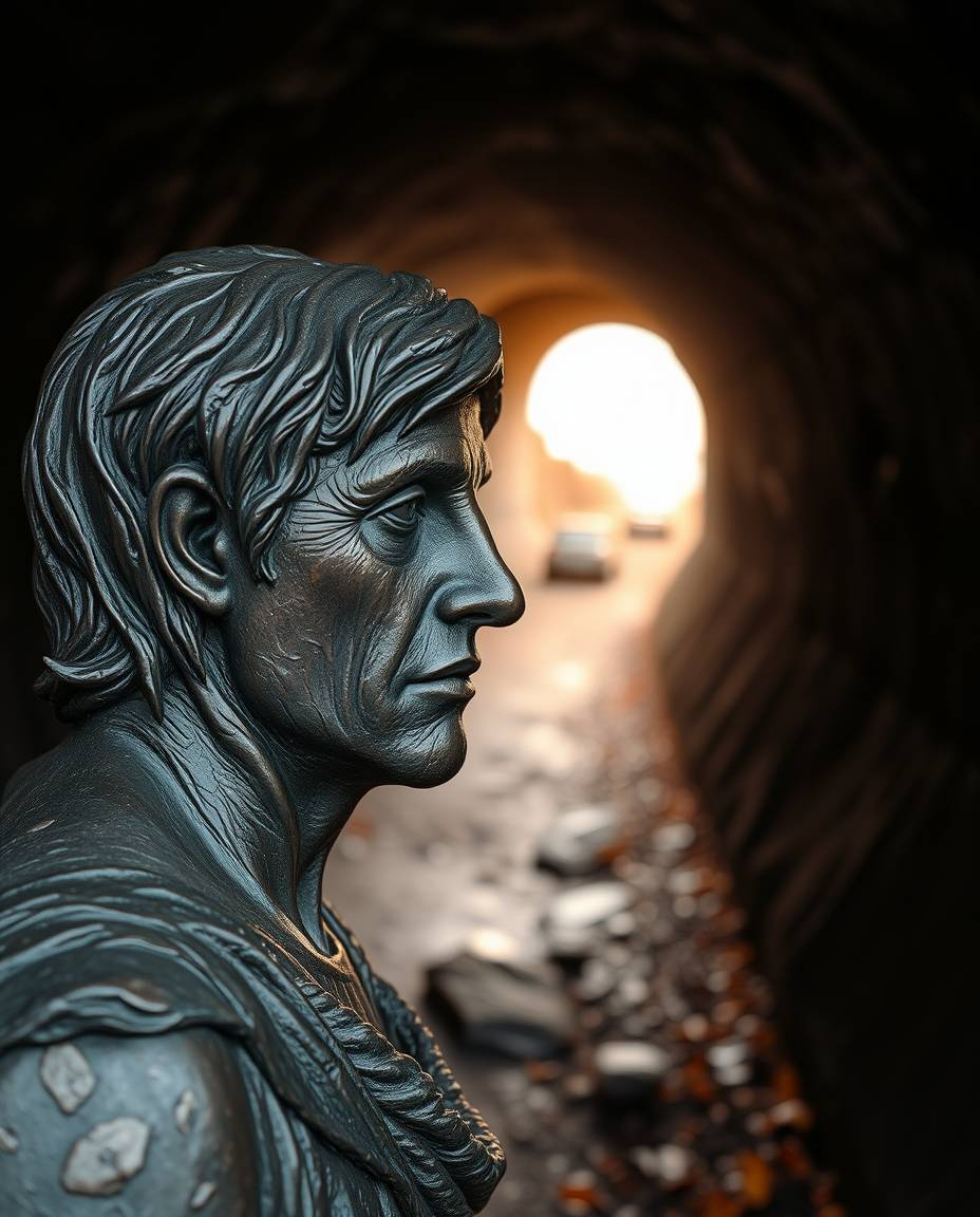 A captivating bronze sculpture depicts a person with weathered skin and deep-set eyes standing at a tunnel's edge, gazing tow