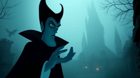 A classic Disney villain, with sharp features and pale skin, casts a powerful spell within the eerie walls of an ancient cast