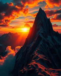 Immerse yourself in a dreamlike and surreal high alpine peak sunset, defined by its striking chiaroscuro lighting. This artwo