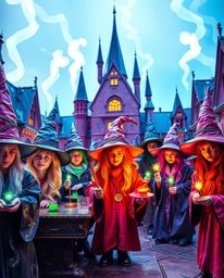 Explore a magical school teeming with young wizards, brought to life in electric, vivid colors. Imagine the school depicted w