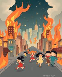 This whimsical illustration depicts a city consumed by flames, with adorable, cute characters fleeing in all directions. The 