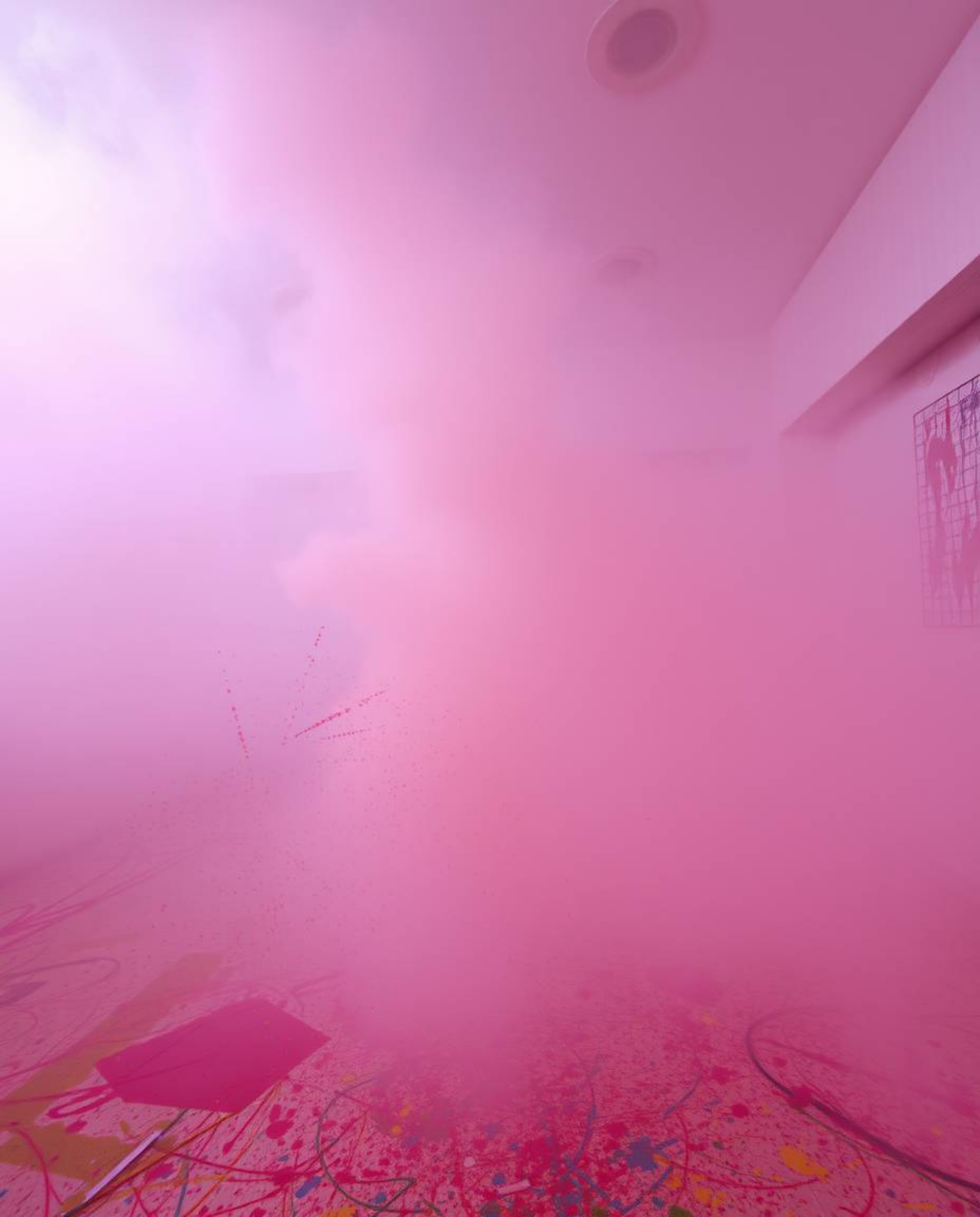 A room filled with a chaotic yet captivating explosion of paint, heavily obscured by thick fog, significantly reducing visibi