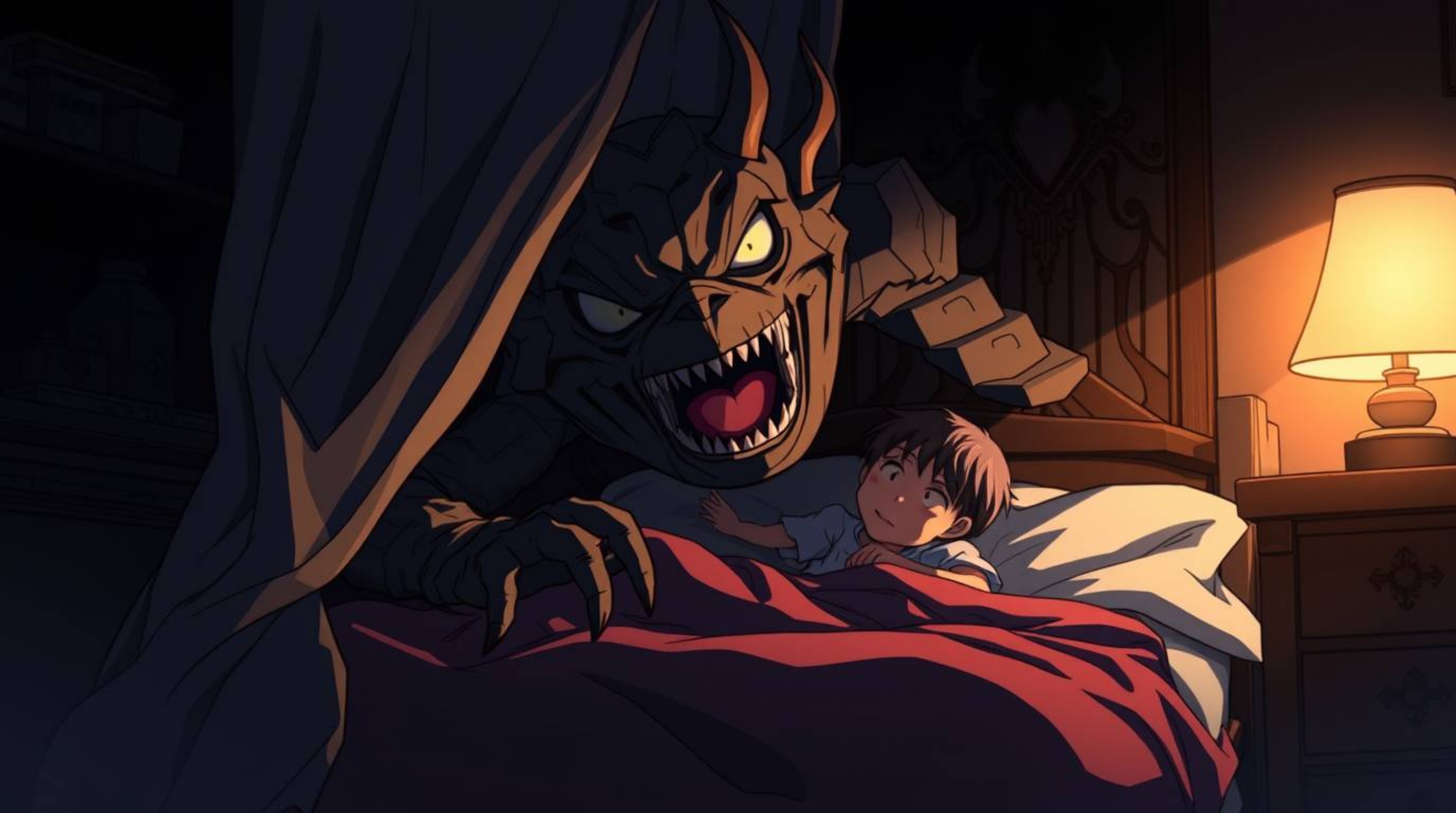 A captivating isekai-style illustration depicting an unlikely friendship between a child and a monster hiding under the bed. 