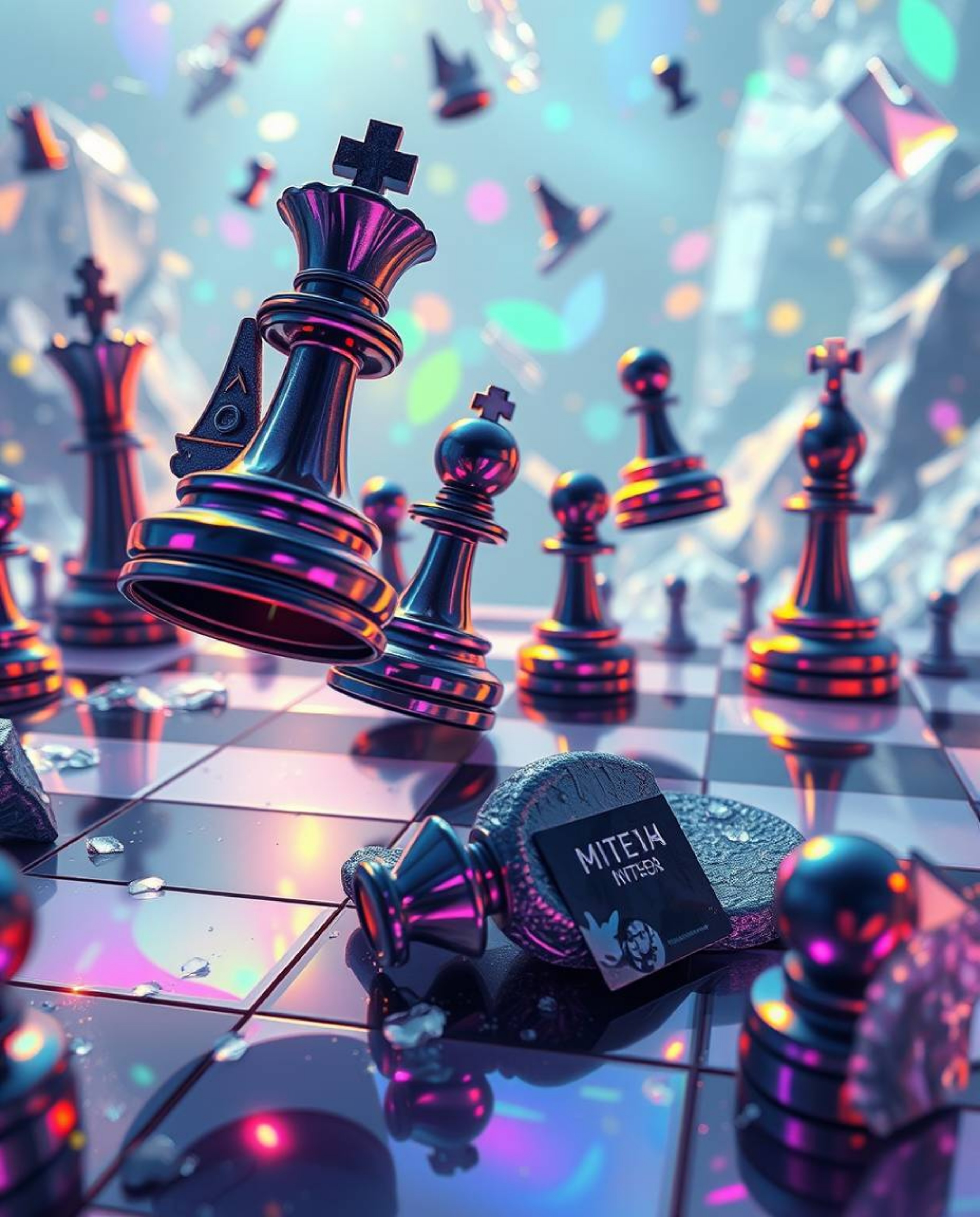 A visually striking composition featuring an isekai anime style with iridescent colors. The central image is a chessboard wit