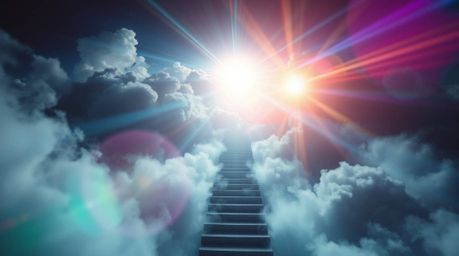 This image depicts a surreal stairway winding through smoky clouds towards a bright celestial light, symbolizing spiritual aw