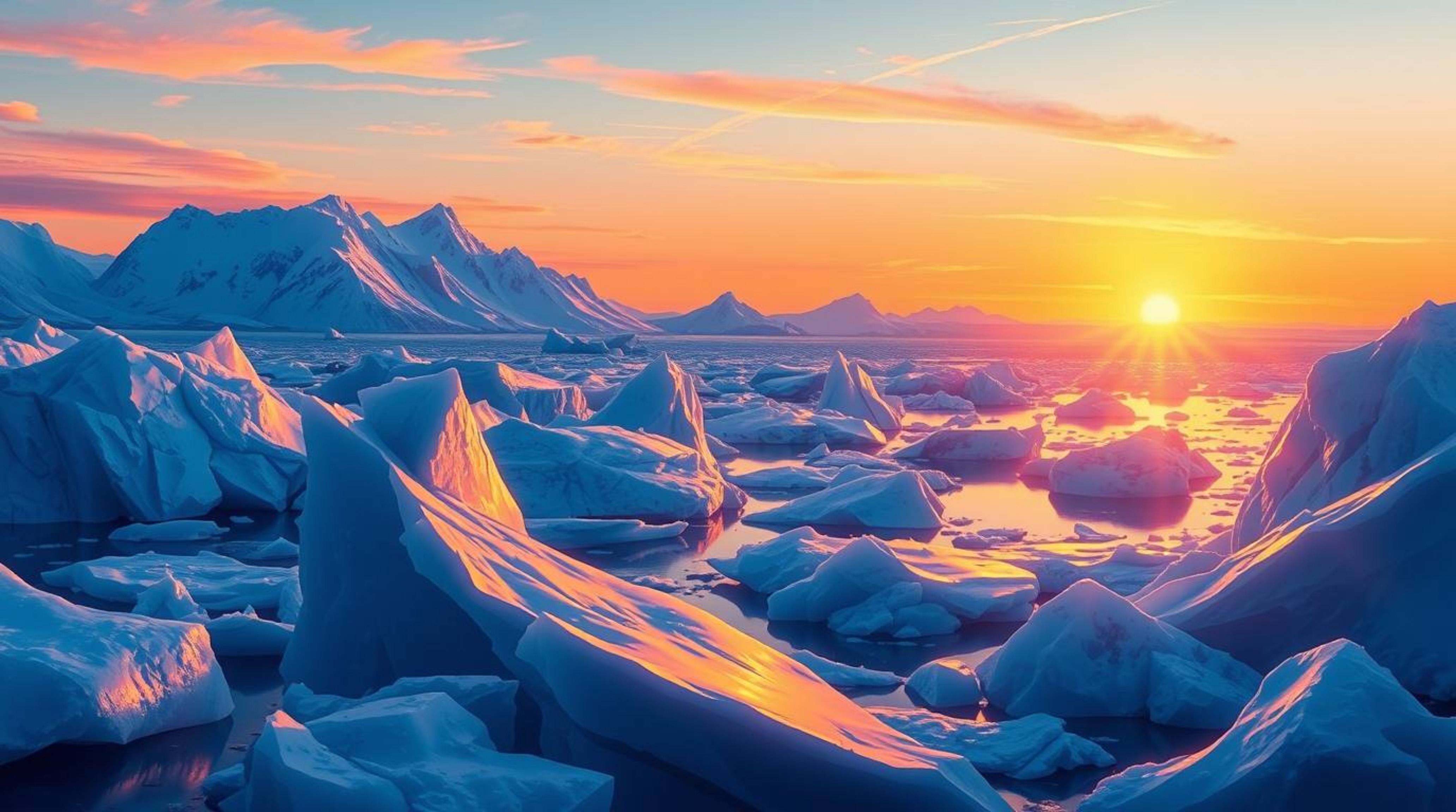 A stunning illustration capturing the beauty of a sunset over icy polar glaciers. The artwork showcases iridescent colors and