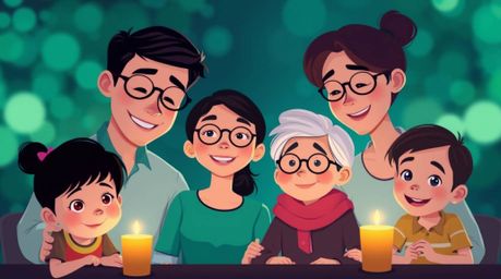 Experience a heartwarming family reunion depicted in a delightful Pixar-style illustration. The artwork features a rich, deep