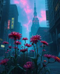 Explore a captivating collection of surreal flower imagery set against the backdrop of a post-apocalyptic city.  Eerie atmosp
