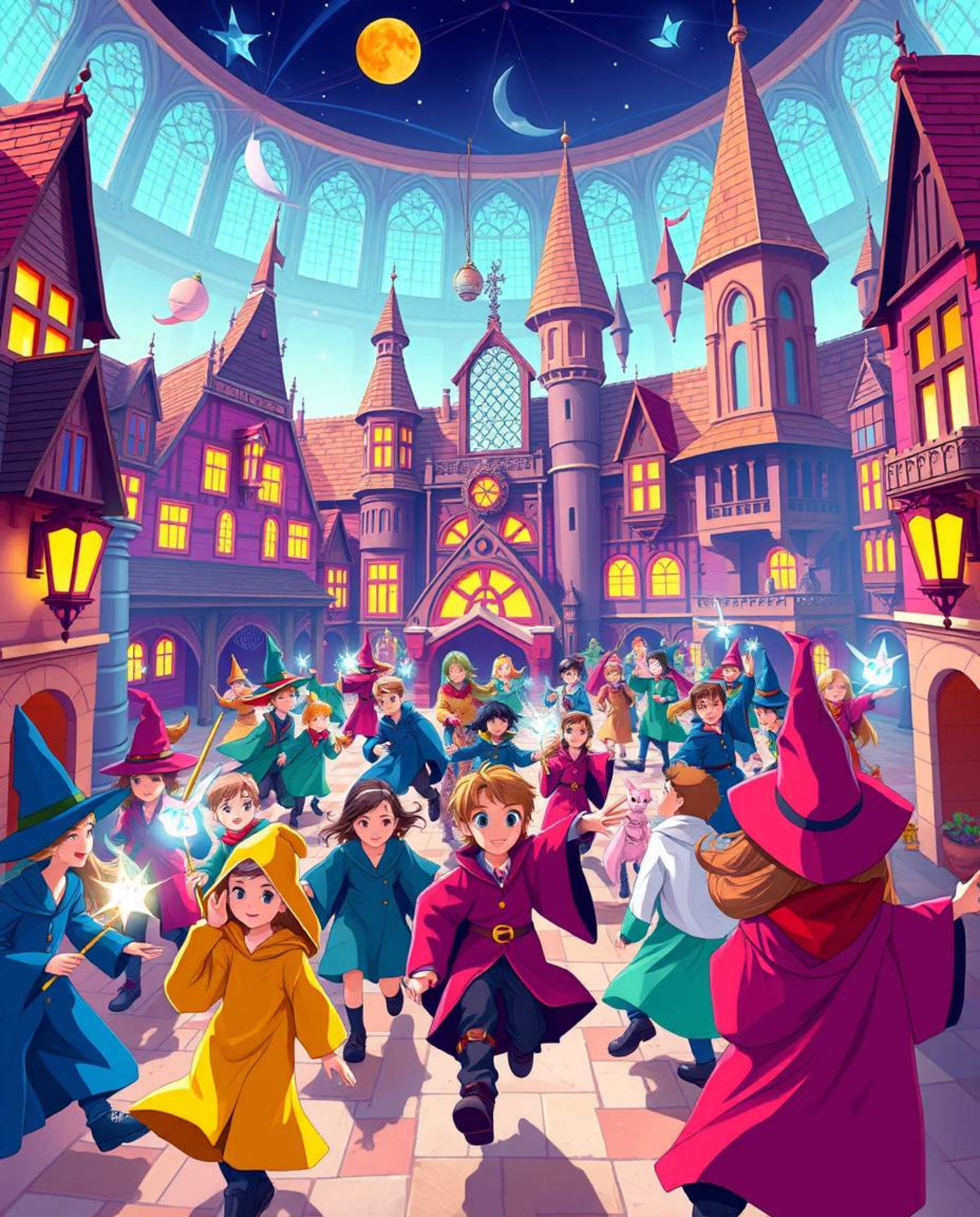 Discover a vibrant magical school teeming with young wizards, rendered in bright, saturated colors.  Experience the lively mo