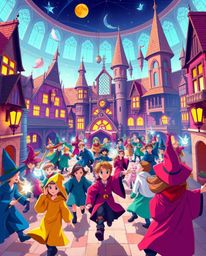 Discover a vibrant magical school teeming with young wizards, rendered in bright, saturated colors.  Experience the lively mo
