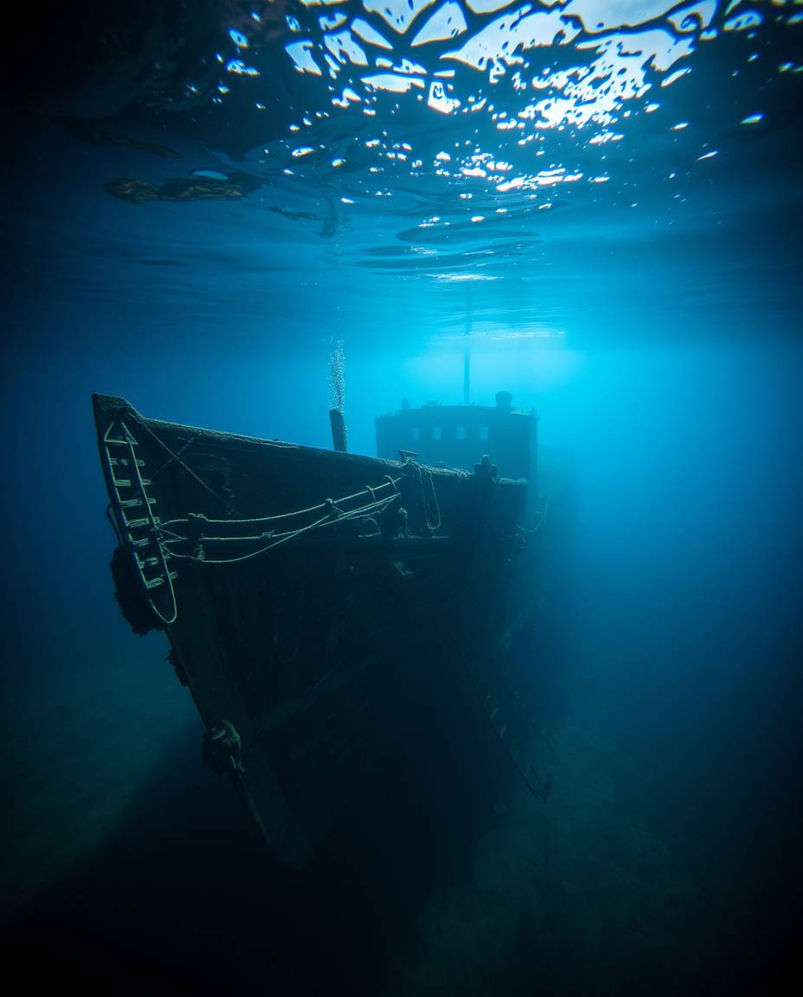 Discover a stunning high-resolution stock photo of a dramatically lit shipwreck deep underwater.  The image features strong, 