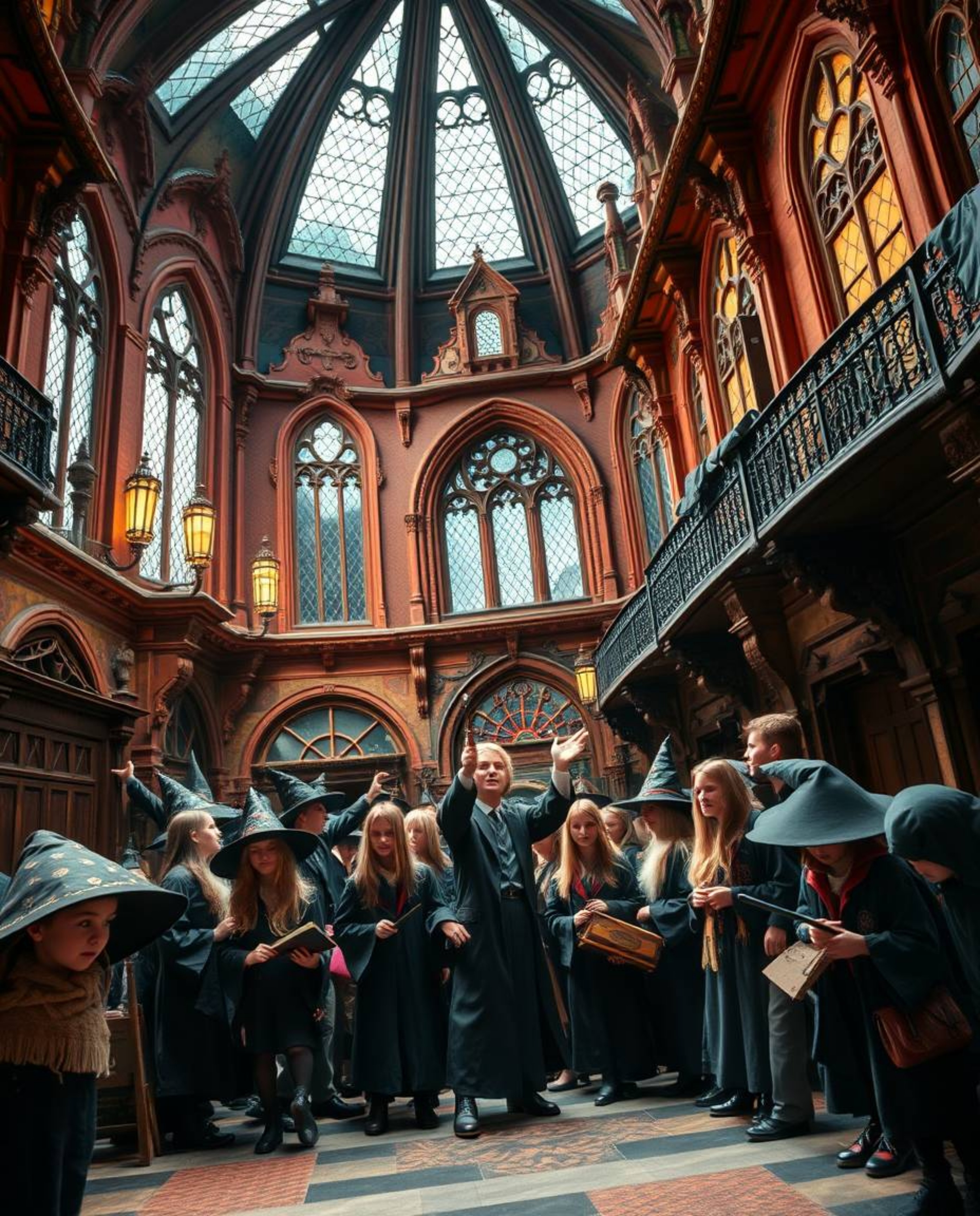 Experience a captivating close-up of a magical school brimming with young wizards, presented with a distinctive split focus t