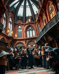 Experience a captivating close-up of a magical school brimming with young wizards, presented with a distinctive split focus t