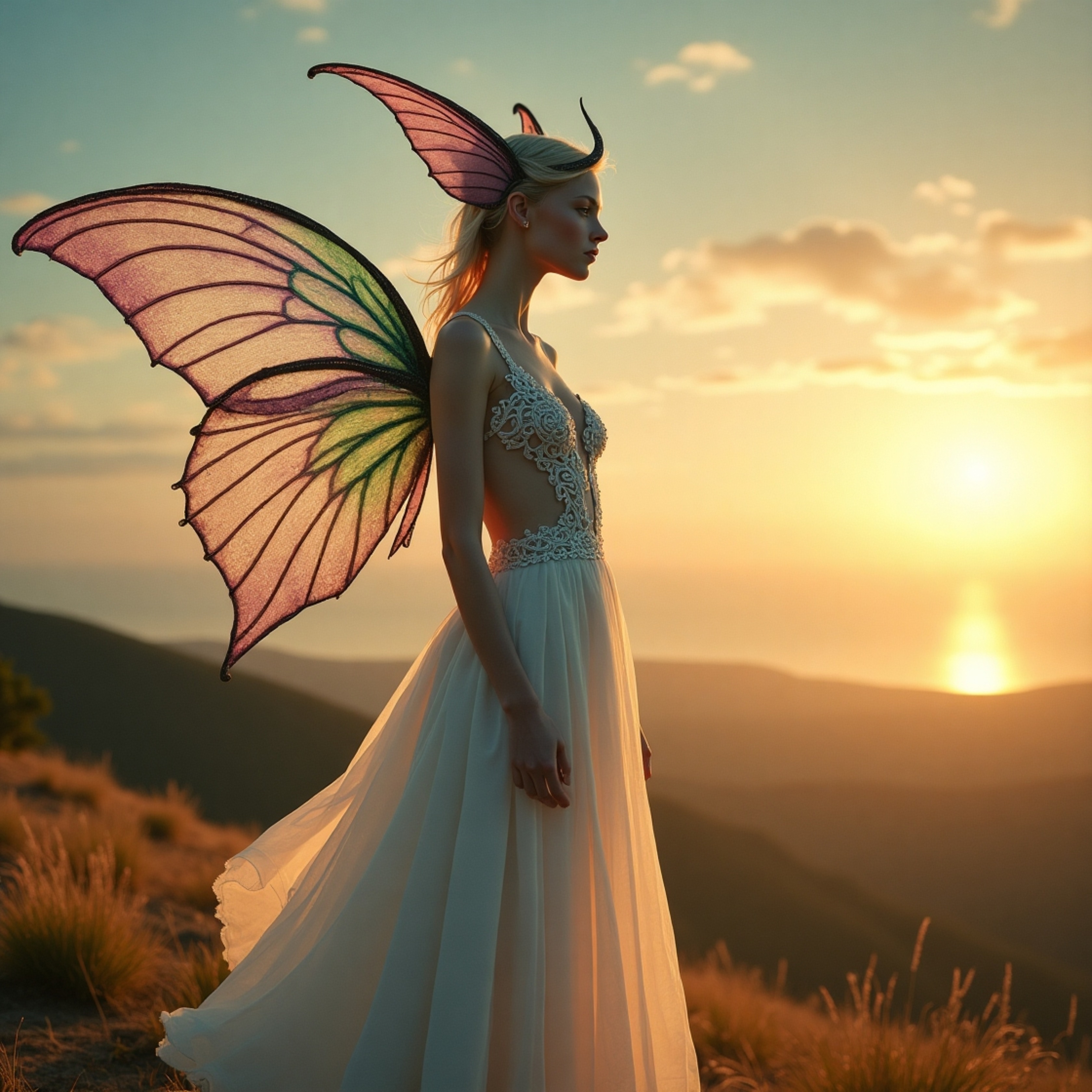 A breathtaking description of a slender, agile half-human, half-fae creature on a windswept hill at sunset.  Details include 