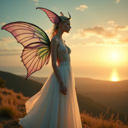 A breathtaking description of a slender, agile half-human, half-fae creature on a windswept hill at sunset.  Details include 