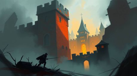 A dynamic digital sketch captures a thief's stealthy infiltration into a heavily guarded castle. The scene, rendered with loo