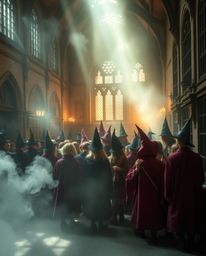Step into a magical school brimming with the energy of young wizards, bathed in a hazy, soft light that creates a dreamy and 