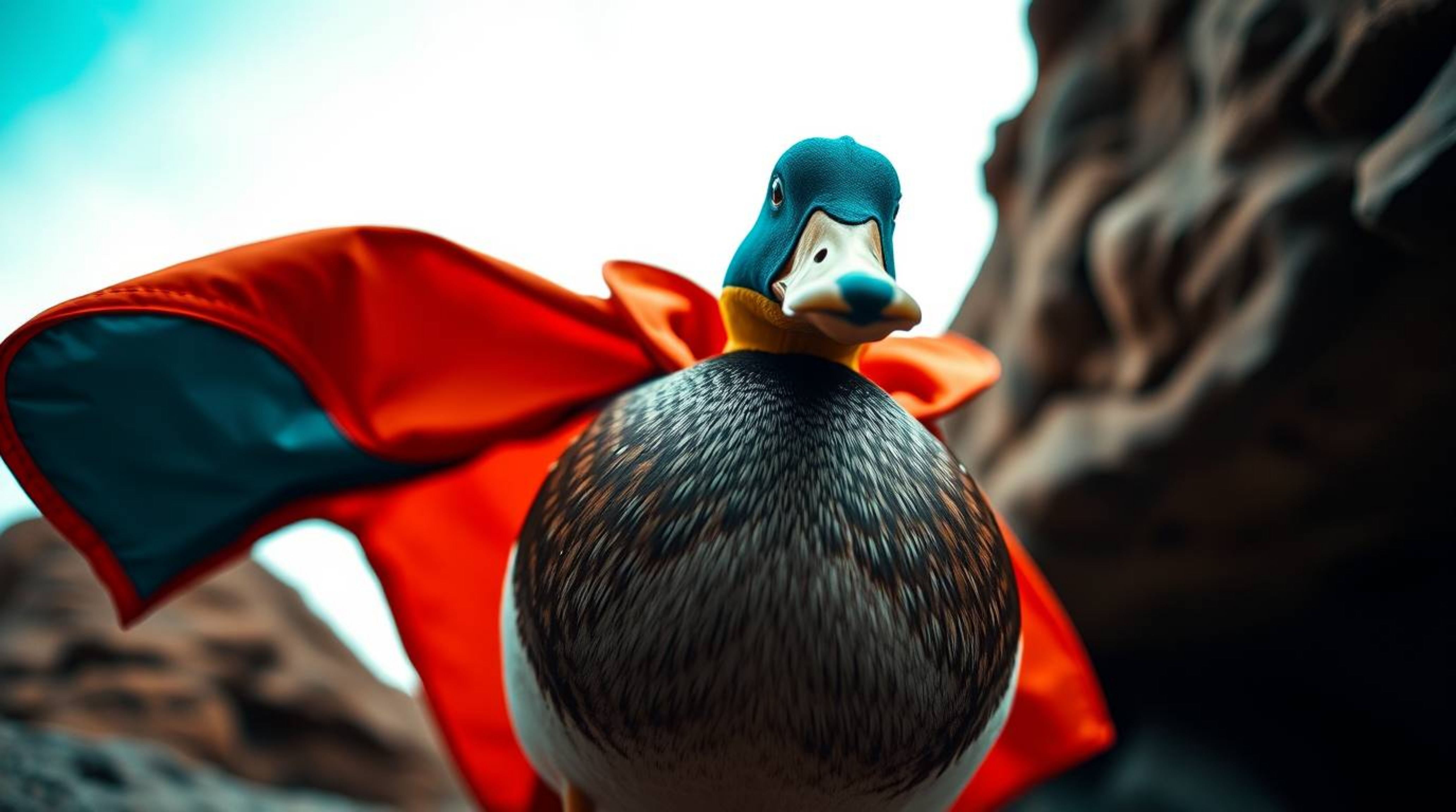 A whimsical low-angle perspective captures a duck donning a zany superhero costume, blending warm terracotta hues with cool t