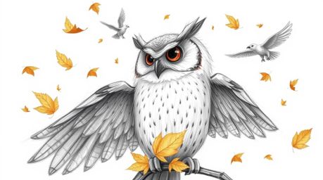 A Pixar-inspired, hand-drawn sketch depicts a blind owl with soft, textured pencil strokes guiding birds in flight amidst spi