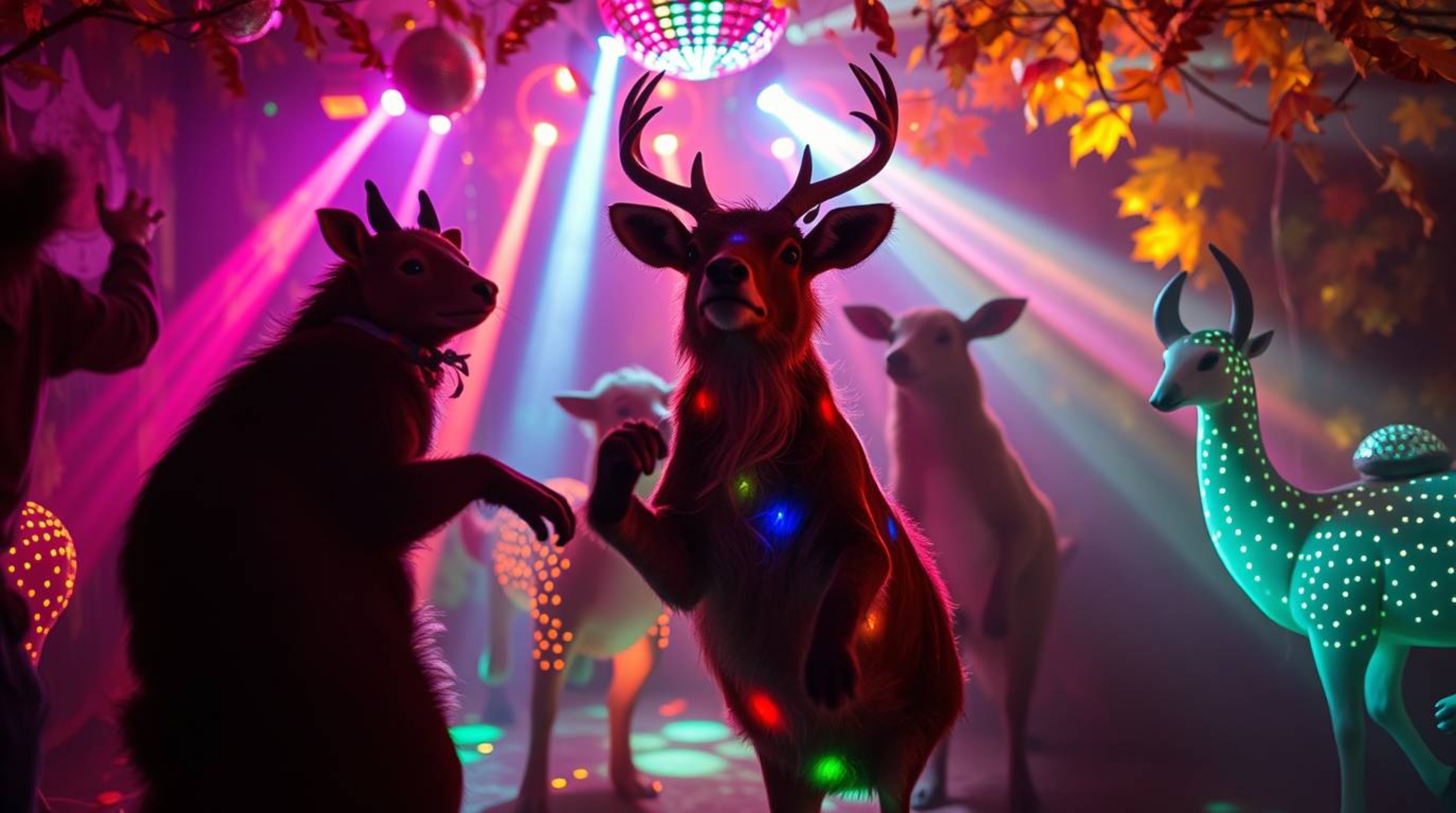 Experience the ultimate animal dance party, bathed in the glow of disco lights and bioluminescent creatures. Warm autumn colo