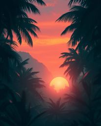 A cinematic illustration depicting a sunset through a dense jungle canopy in rich deep teal. This artwork features a soft foc