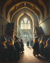 Immerse yourself in a classic oil painting depicting a magical school brimming with young wizards, bathed in gentle, soft lig