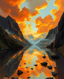 A high-angle digital sketch depicting the reflections of fiery clouds in a mountain lake. Employing loose, painterly strokes,