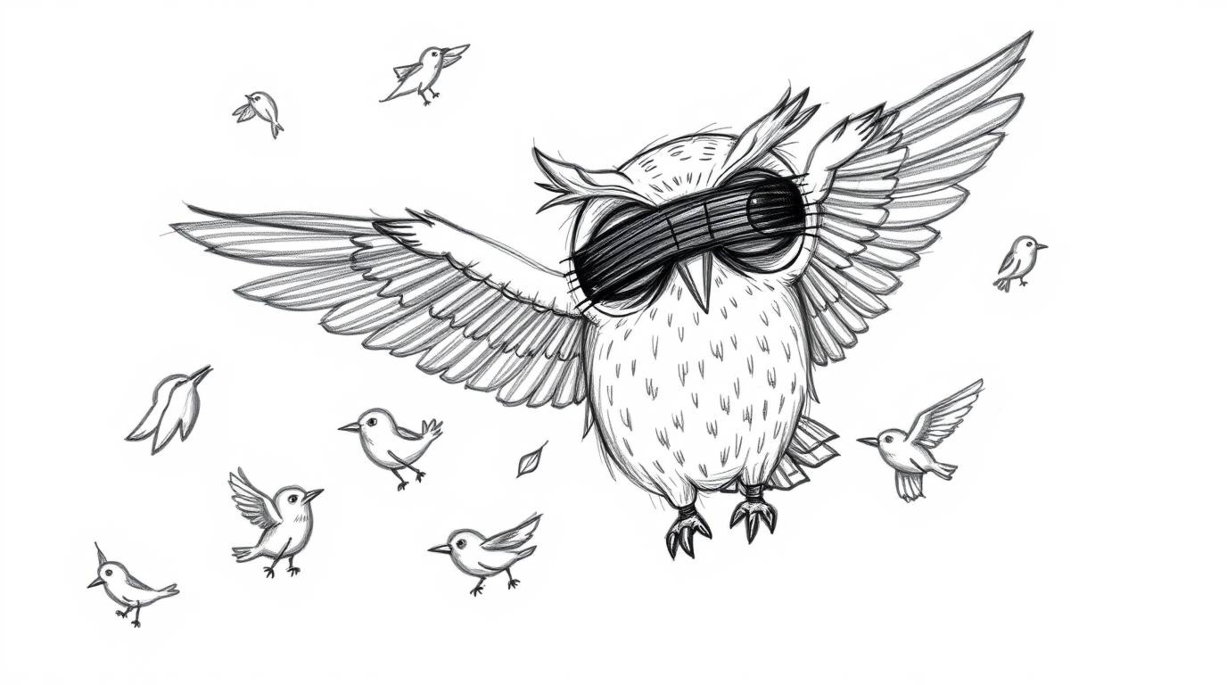 A whimsical hand-drawn sketch in Pixar style depicts a wise, blind owl guiding a group of small birds in flight amidst swirli