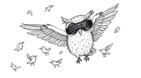 A whimsical hand-drawn sketch in Pixar style depicts a wise, blind owl guiding a group of small birds in flight amidst swirli