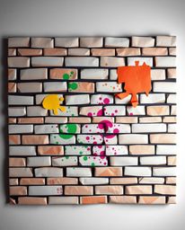 An intricate illustration blending origami aesthetics with a brick wall canvas adorned with vibrant graffiti-style splashes. 