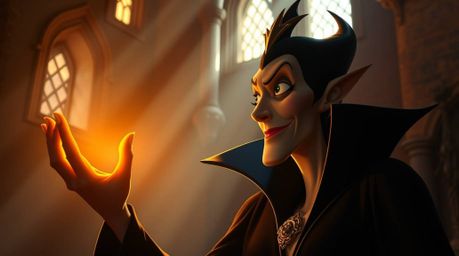A classic Disney villain with sharp features and fair skin is bathed in the warm glow of golden hour light, casting a spell w