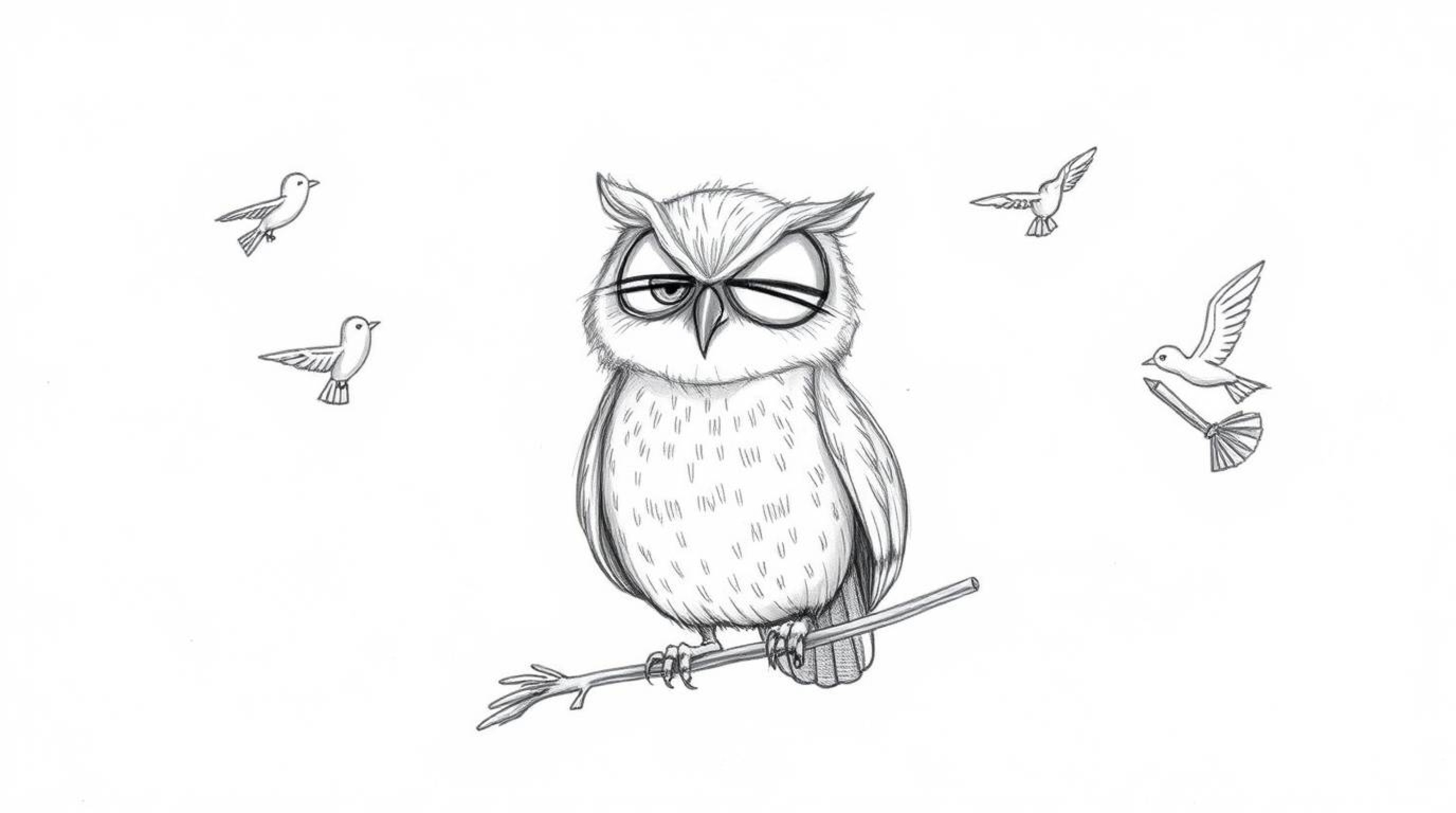 A Pixar-style hand-drawn sketch depicting a blind, wise-looking owl with soft feathers, guiding small birds in flight. The ow