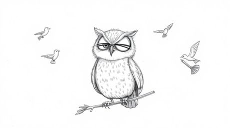 A Pixar-style hand-drawn sketch depicting a blind, wise-looking owl with soft feathers, guiding small birds in flight. The ow