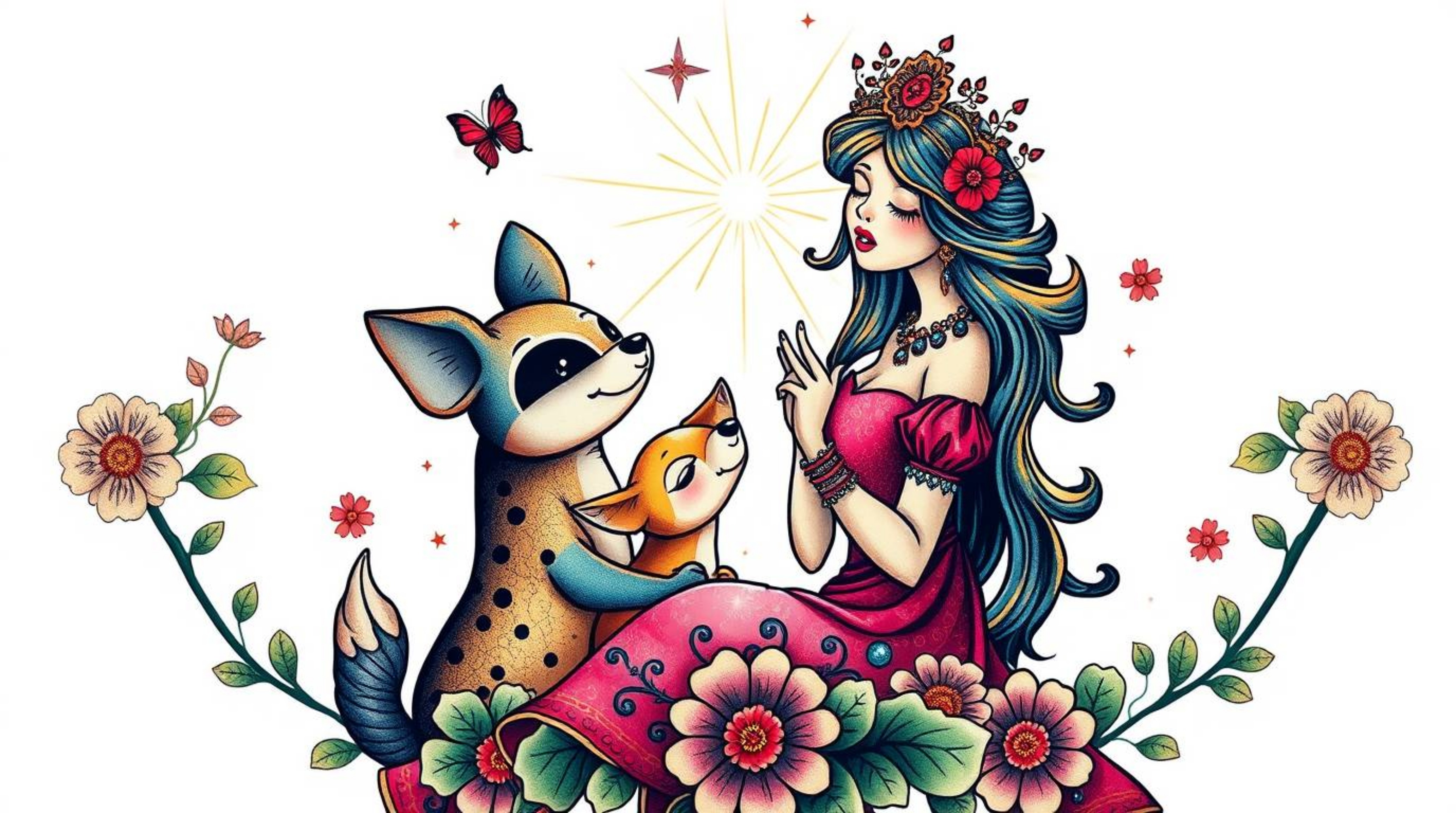 A captivating illustration of a princess singing with forest animals, rendered in a vibrant retro style reminiscent of vintag