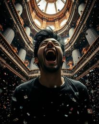 A visually striking image combining precise architectural photography with the surreal effect of a person screaming as the wo