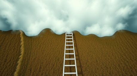 A minimalist scene depicting a silver ladder standing alone in an open field under a wide, cloudy sky. This image uses a top-