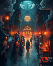 Experience a dreamlike, surreal, and cinematic illustration of a magical school brimming with young wizards. This artwork cap