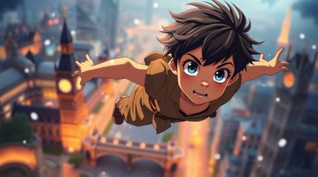 A captivating image of a young boy with expressive features and tan skin soaring above London in an Isekai anime style. The s