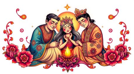 This vibrant art print showcases a heartwarming and ethereal family reunion rendered in a captivating traditional tattoo styl