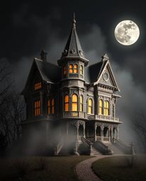 This captivating image depicts a fog-covered Victorian mansion bathed in moonlight, rendered in a sculptural clay art style. 