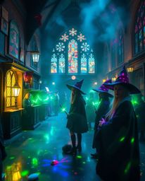 Step into a magical school teeming with young wizards, bathed in a mesmerizing display of bioluminescent and iridescent color