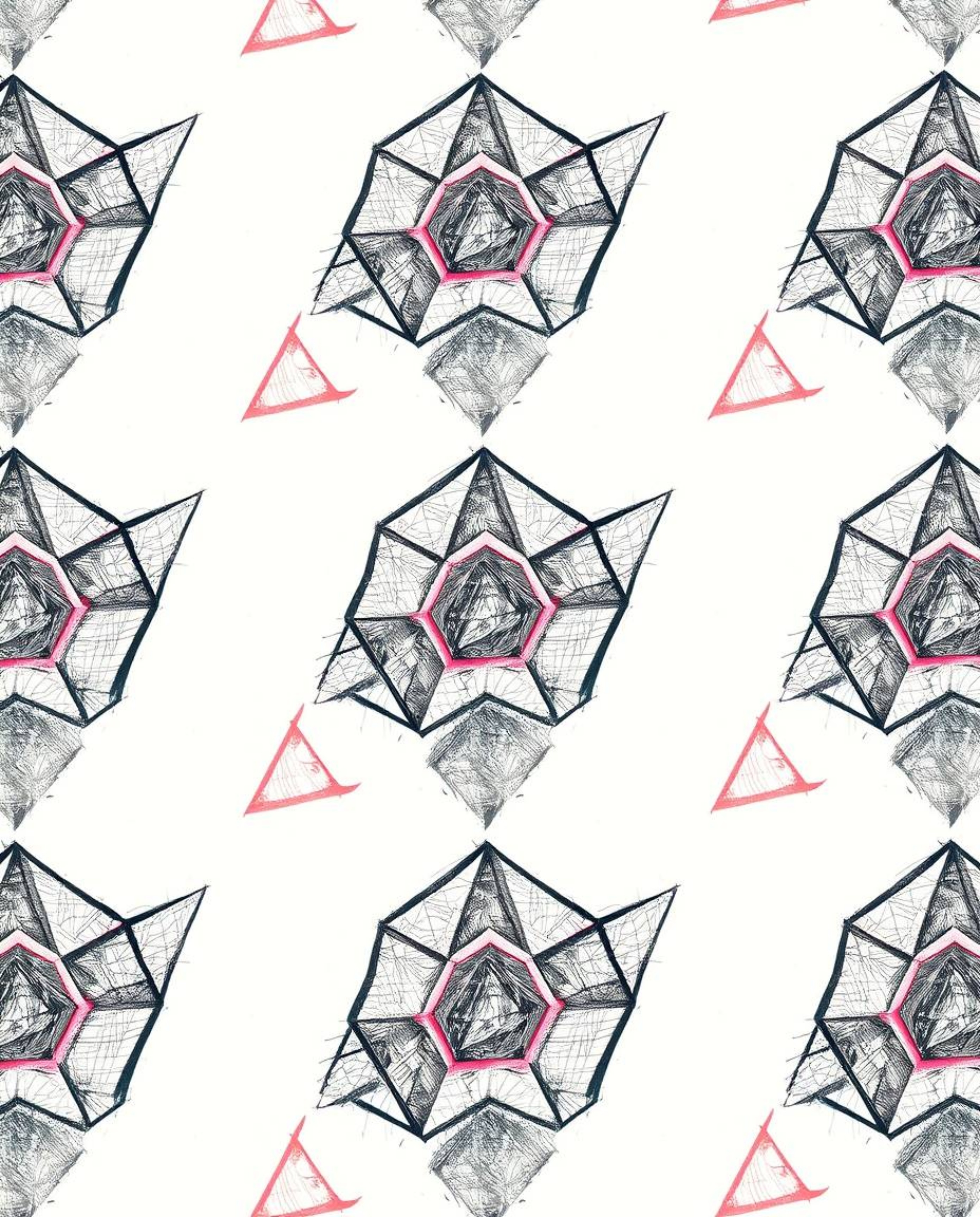 This hand-drawn sketch features a seamless geometric pattern composed of hexagons and triangles, rendered in a vibrant neon c