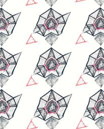 This hand-drawn sketch features a seamless geometric pattern composed of hexagons and triangles, rendered in a vibrant neon c