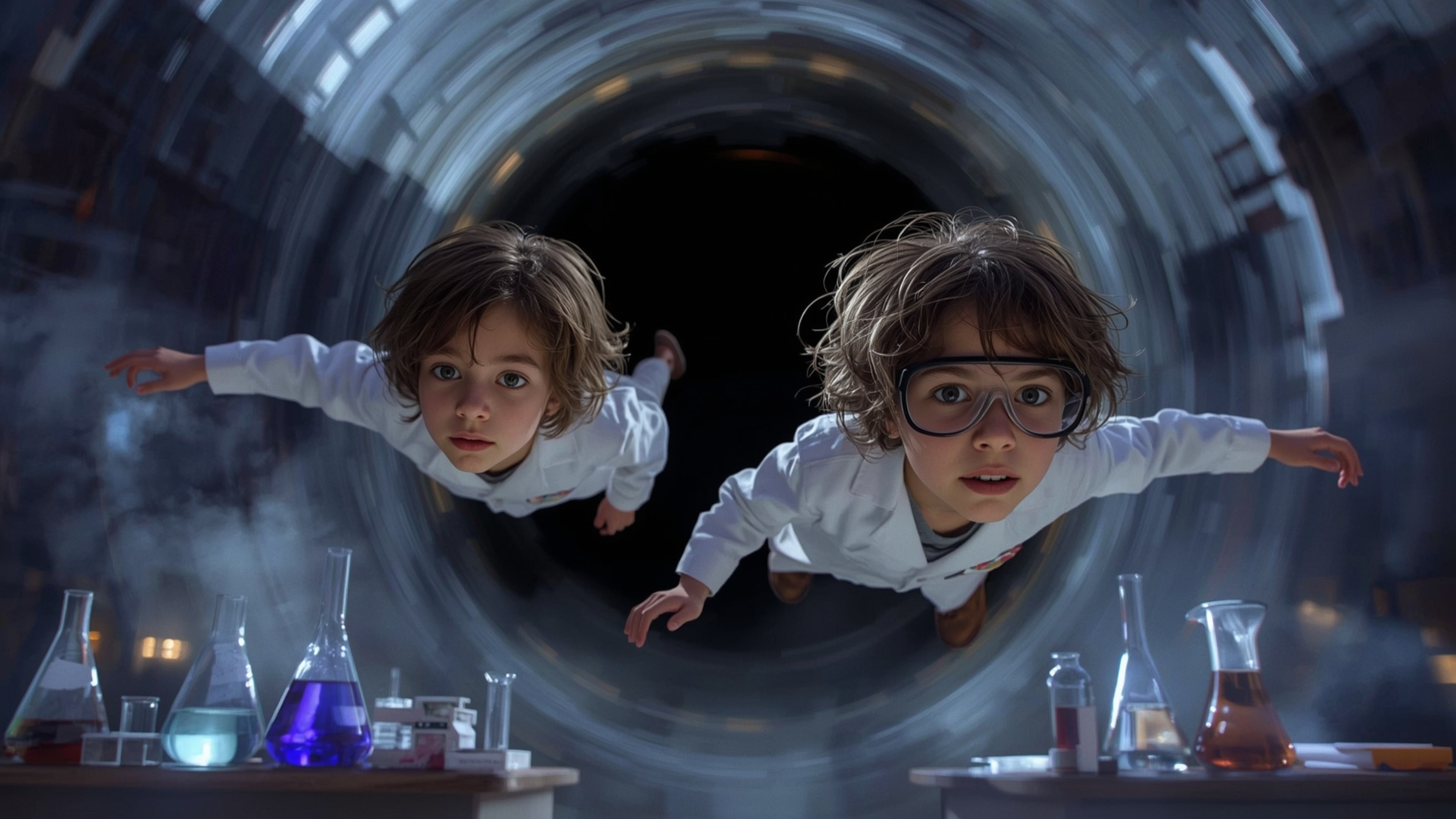 A mesmerizing, cinematic photograph, reminiscent of Pixar's whimsical style, captures the astonishing moment a science fair d
