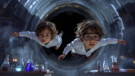 A mesmerizing, cinematic photograph, reminiscent of Pixar's whimsical style, captures the astonishing moment a science fair d