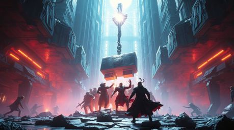 Experience a modern, future grand epic scene depicting an anvil about to drop on a trickster character. This massive-scale ar
