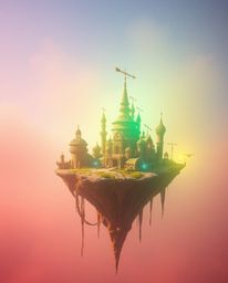 Explore a dreamlike floating island boasting unique and bizarre architecture, painted in bright and vibrant colors. The soft 