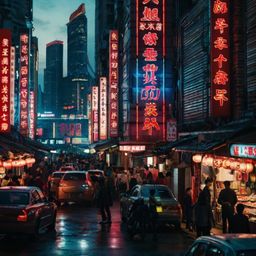 Experience the vibrant energy of a bustling street in a modern Asian megacity. Neon signs illuminate towering high-rise build